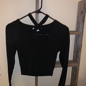 Sexy Long Sleeve Black Criss Cross Choker Top